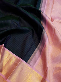 2G Pure Korvai  Kanjivaram Silk Saree in Deep Navy Blue with Pink & Gold Zari Elephant Border and Fine Vertical Stripes | Silkmark Certified