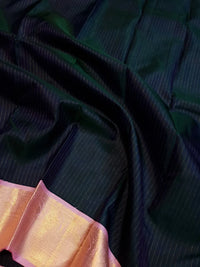 2G Pure Korvai  Kanjivaram Silk Saree in Deep Navy Blue with Pink & Gold Zari Elephant Border and Fine Vertical Stripes | Silkmark Certified