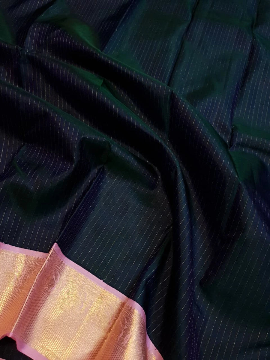 2G Pure Korvai  Kanjivaram Silk Saree in Deep Navy Blue with Pink & Gold Zari Elephant Border and Fine Vertical Stripes | Silkmark Certified
