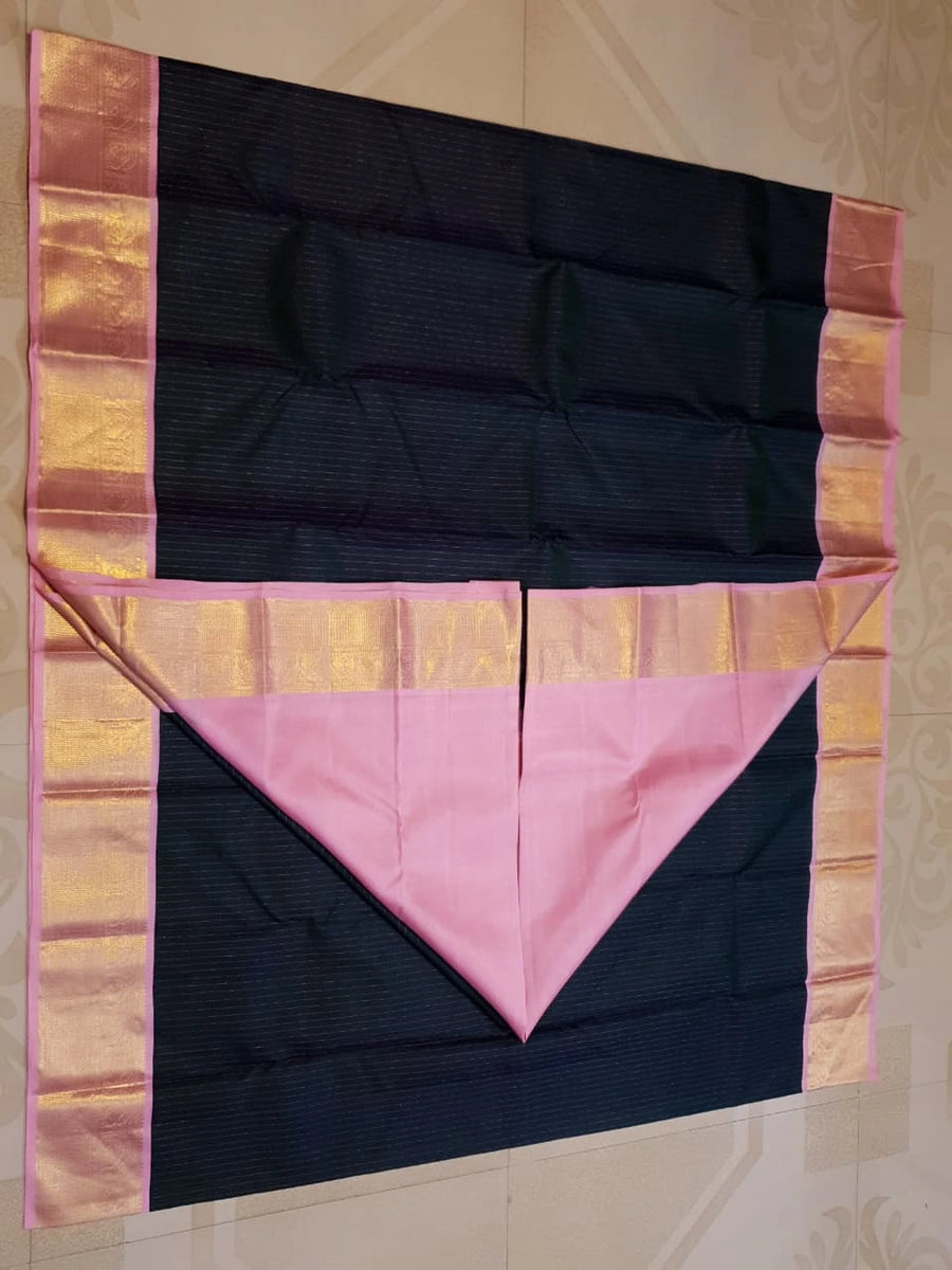 2G Pure Korvai  Kanjivaram Silk Saree in Deep Navy Blue with Pink & Gold Zari Elephant Border and Fine Vertical Stripes | Silkmark Certified