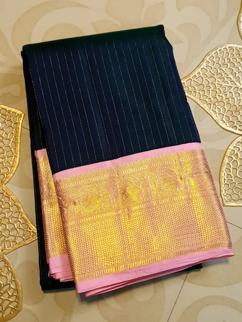 2G Pure Korvai  Kanjivaram Silk Saree in Deep Navy Blue with Pink & Gold Zari Elephant Border and Fine Vertical Stripes | Silkmark Certified