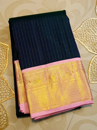 2G Pure Korvai  Kanjivaram Silk Saree in Deep Navy Blue with Pink & Gold Zari Elephant Border and Fine Vertical Stripes | Silkmark Certified