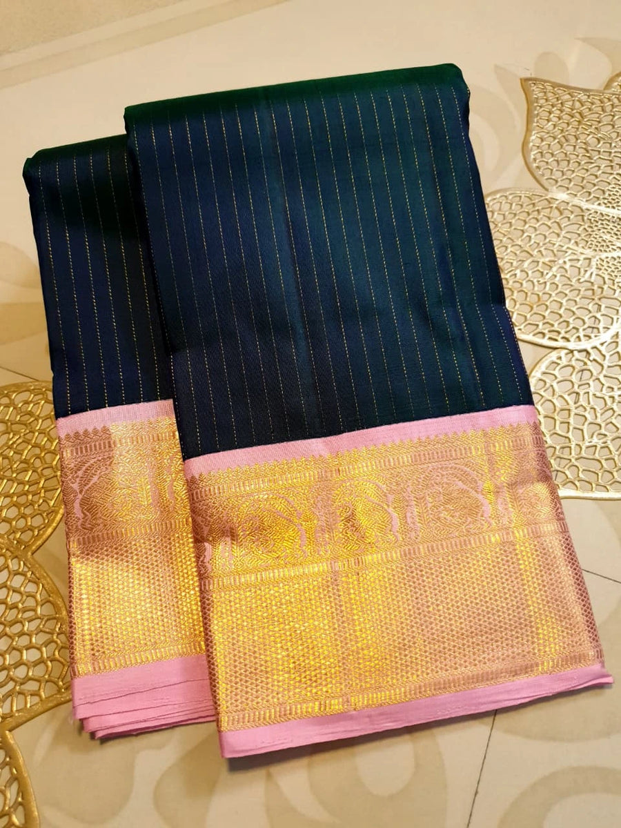 2G Pure Korvai  Kanjivaram Silk Saree in Deep Navy Blue with Pink & Gold Zari Elephant Border and Fine Vertical Stripes | Silkmark Certified