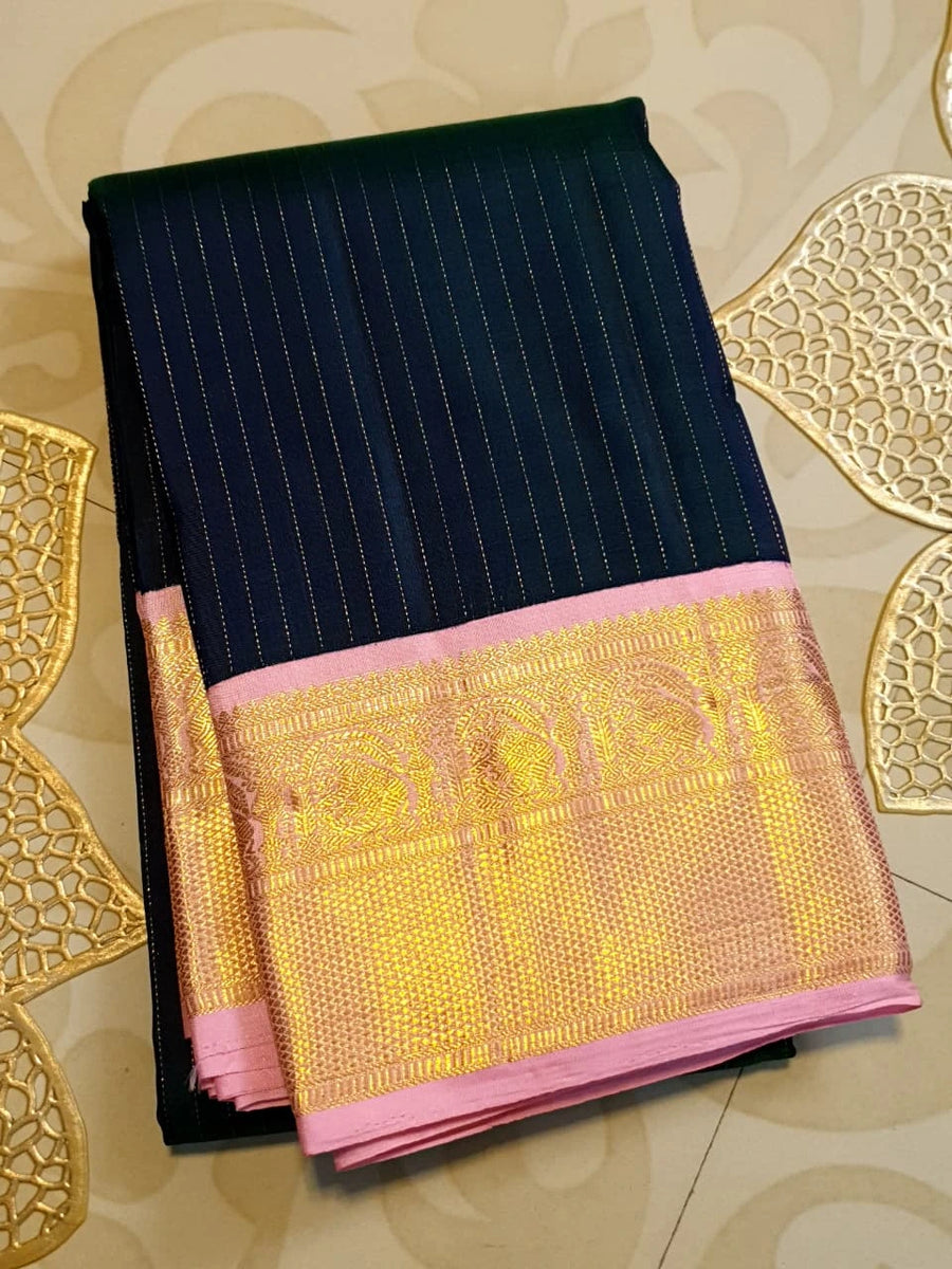 2G Pure Korvai  Kanjivaram Silk Saree in Deep Navy Blue with Pink & Gold Zari Elephant Border and Fine Vertical Stripes | Silkmark Certified