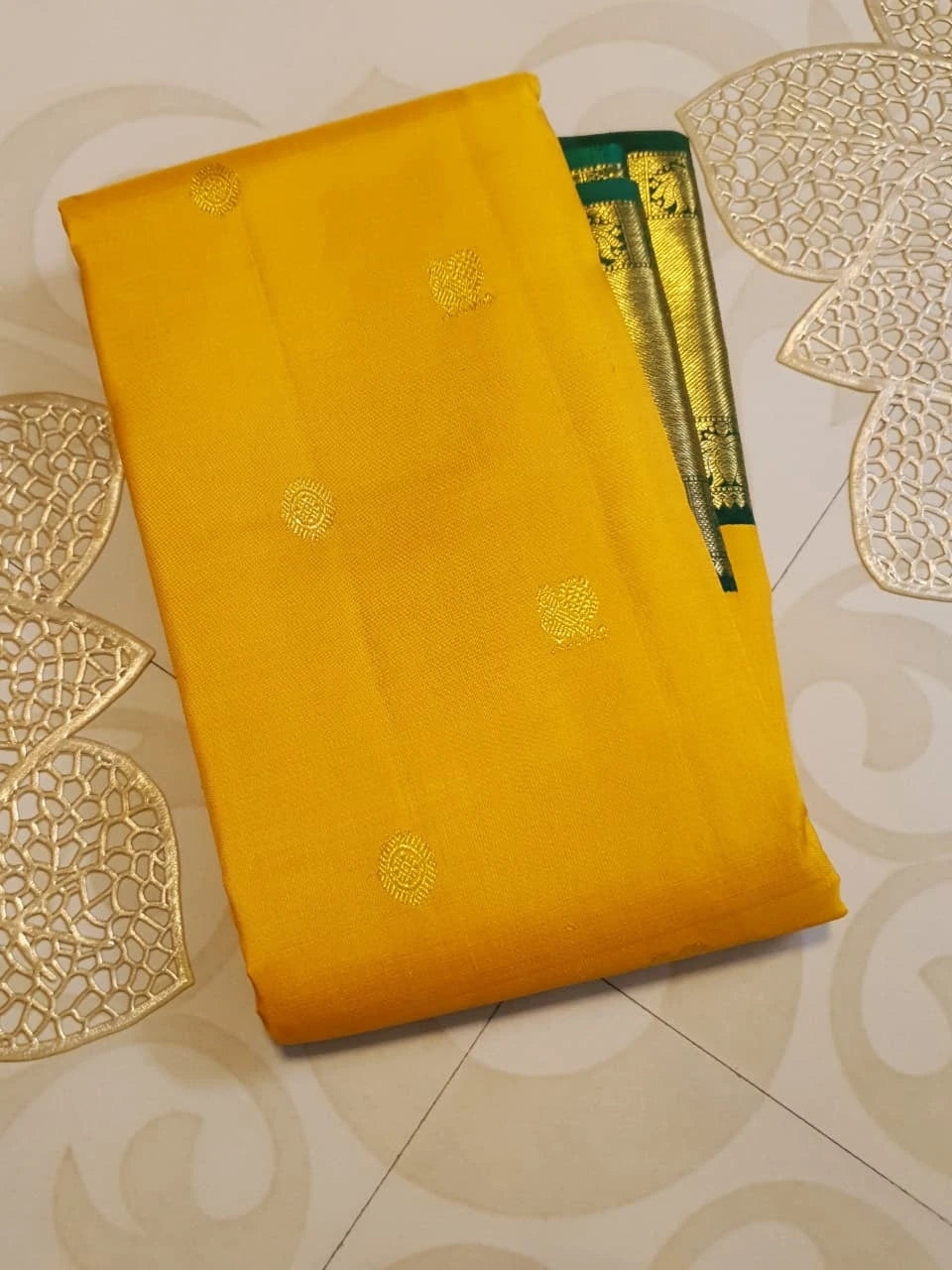 2G Pure Korvai  Kanjivaram Silk Saree in Golden Yellow with Bottle Green and Gold Zari Border | Silkmark Certified