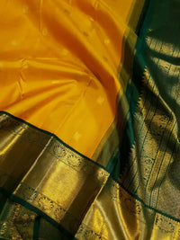 2G Pure Korvai  Kanjivaram Silk Saree in Golden Yellow with Bottle Green and Gold Zari Border | Silkmark Certified