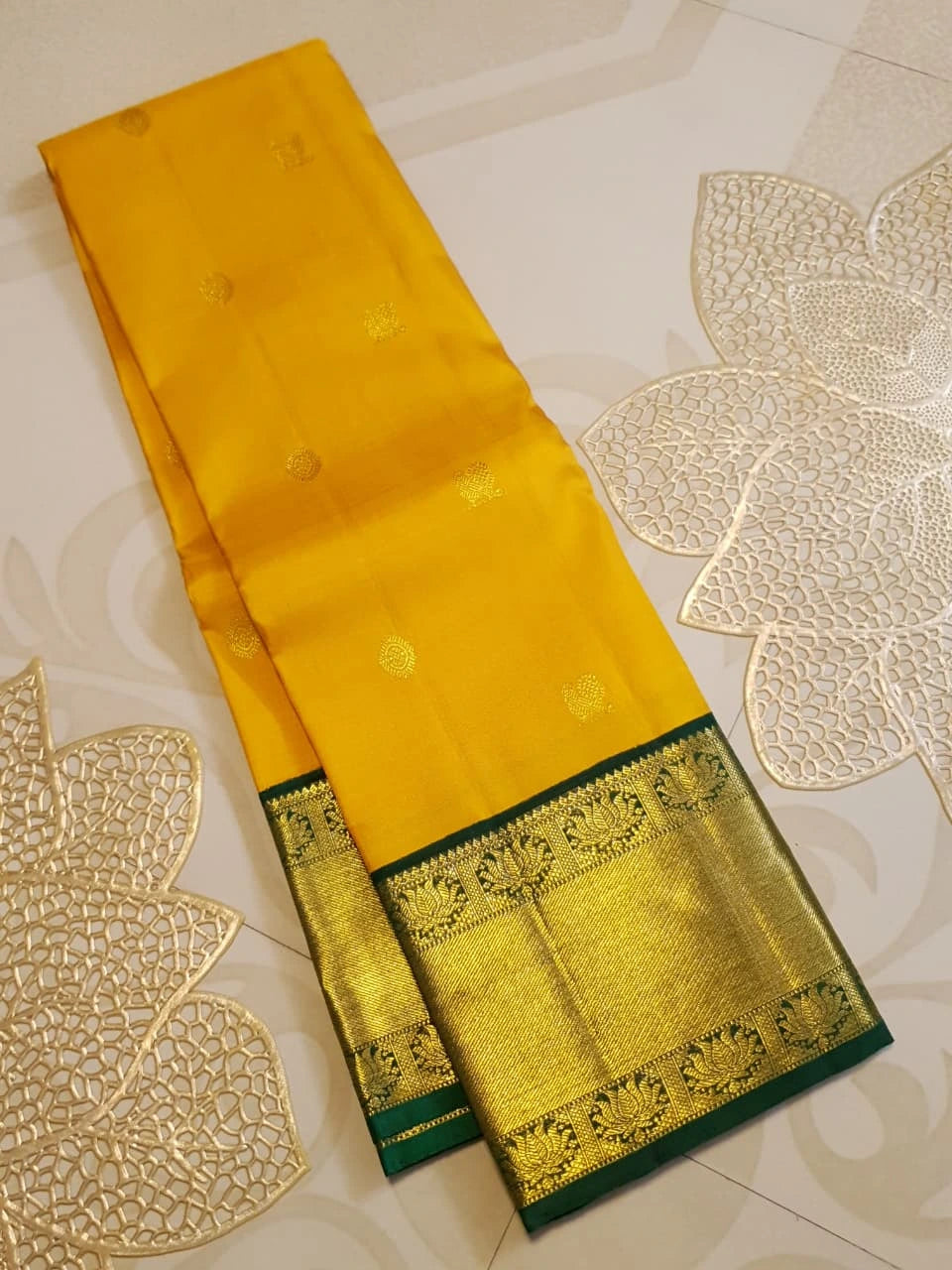 2G Pure Korvai  Kanjivaram Silk Saree in Golden Yellow with Bottle Green and Gold Zari Border | Silkmark Certified