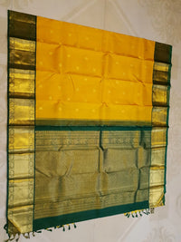 2G Pure Korvai  Kanjivaram Silk Saree in Golden Yellow with Bottle Green and Gold Zari Border | Silkmark Certified