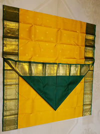 2G Pure Korvai  Kanjivaram Silk Saree in Golden Yellow with Bottle Green and Gold Zari Border | Silkmark Certified