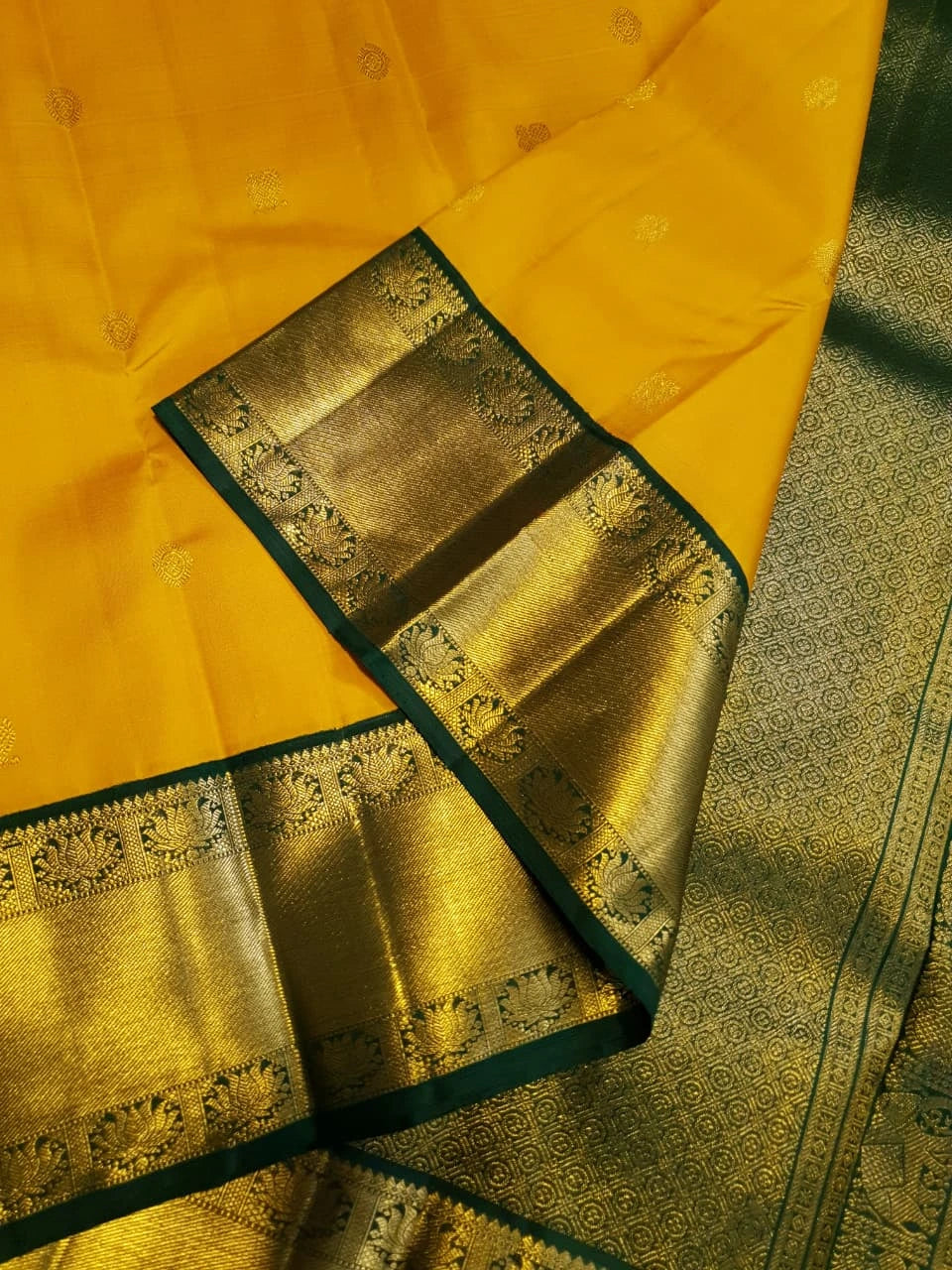 2G Pure Korvai  Kanjivaram Silk Saree in Golden Yellow with Bottle Green and Gold Zari Border | Silkmark Certified