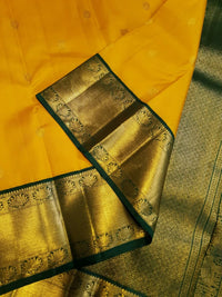 2G Pure Korvai  Kanjivaram Silk Saree in Golden Yellow with Bottle Green and Gold Zari Border | Silkmark Certified