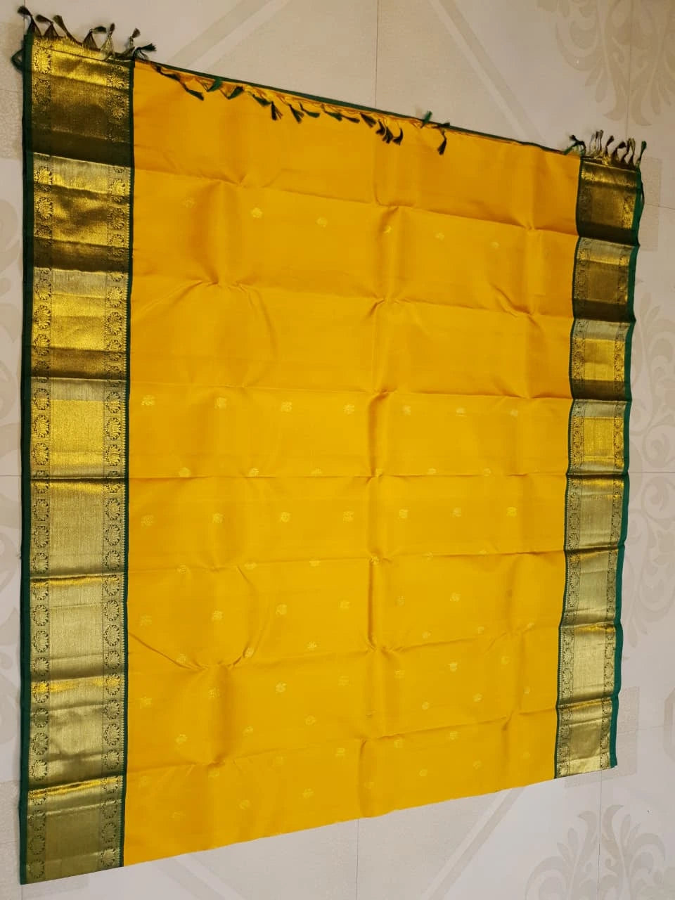 2G Pure Korvai  Kanjivaram Silk Saree in Golden Yellow with Bottle Green and Gold Zari Border | Silkmark Certified