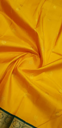 2G Pure Korvai  Kanjivaram Silk Saree in Golden Yellow with Bottle Green and Gold Zari Border | Silkmark Certified