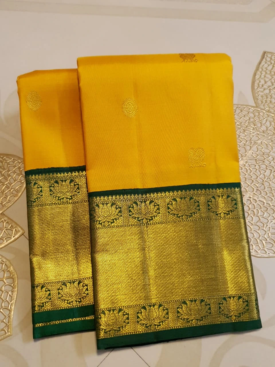 2G Pure Korvai  Kanjivaram Silk Saree in Golden Yellow with Bottle Green and Gold Zari Border | Silkmark Certified