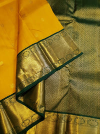 2G Pure Korvai  Kanjivaram Silk Saree in Golden Yellow with Bottle Green and Gold Zari Border | Silkmark Certified