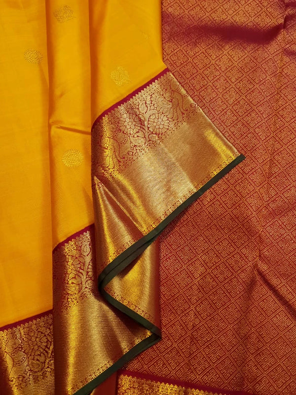 2G  Pure Korvai  Kanjivaram Silk Saree in Bright Yellow with Maroon Peacock Border & Rich Gold Zari | Silkmark Certified