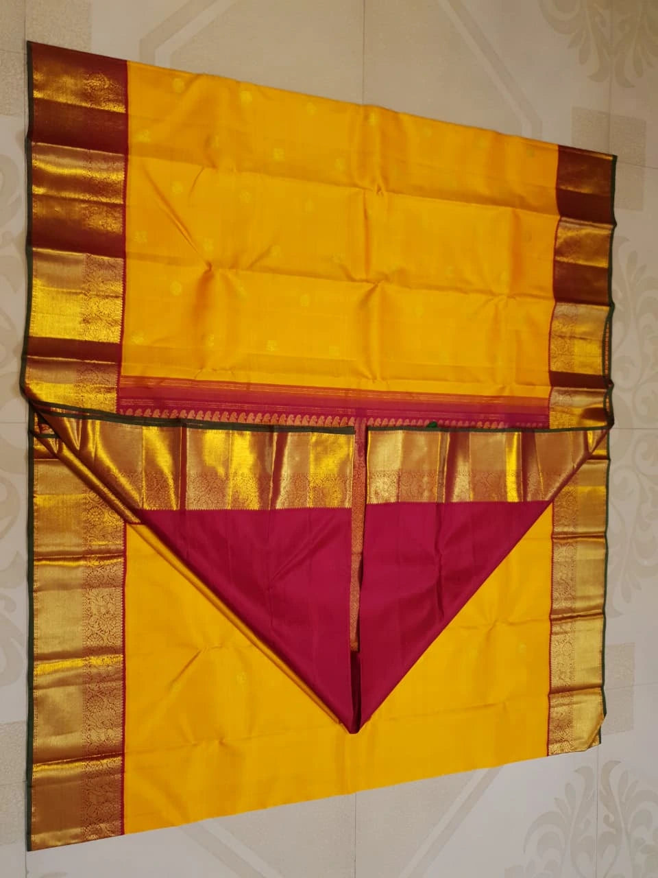2G  Pure Korvai  Kanjivaram Silk Saree in Bright Yellow with Maroon Peacock Border & Rich Gold Zari | Silkmark Certified