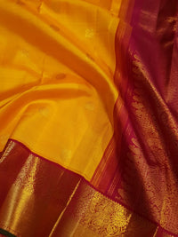 2G  Pure Korvai  Kanjivaram Silk Saree in Bright Yellow with Maroon Peacock Border & Rich Gold Zari | Silkmark Certified