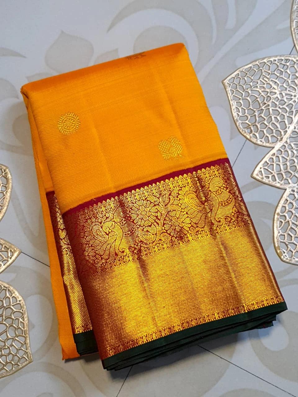2G  Pure Korvai  Kanjivaram Silk Saree in Bright Yellow with Maroon Peacock Border & Rich Gold Zari | Silkmark Certified