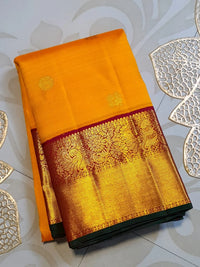 2G  Pure Korvai  Kanjivaram Silk Saree in Bright Yellow with Maroon Peacock Border & Rich Gold Zari | Silkmark Certified