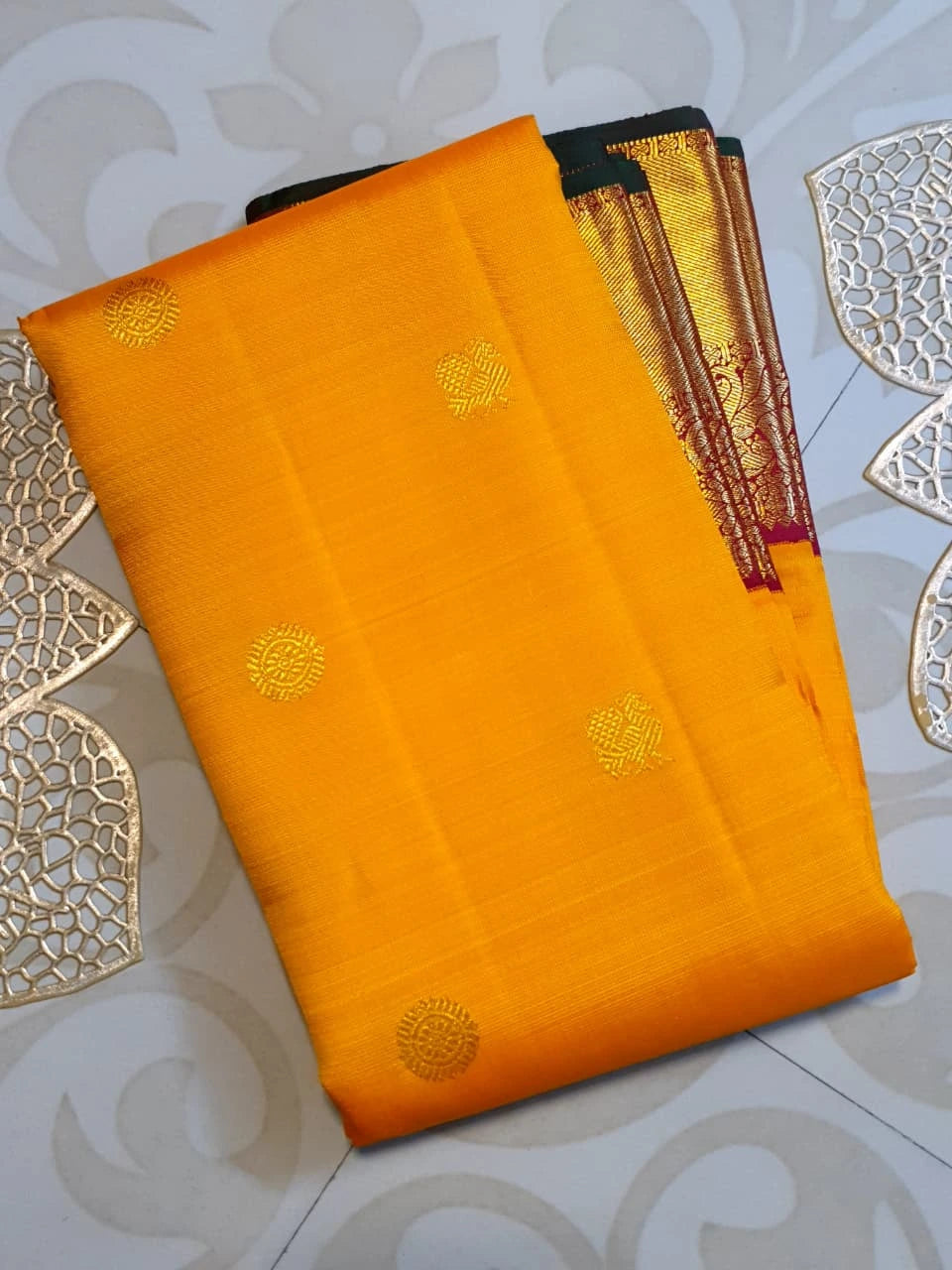 2G  Pure Korvai  Kanjivaram Silk Saree in Bright Yellow with Maroon Peacock Border & Rich Gold Zari | Silkmark Certified