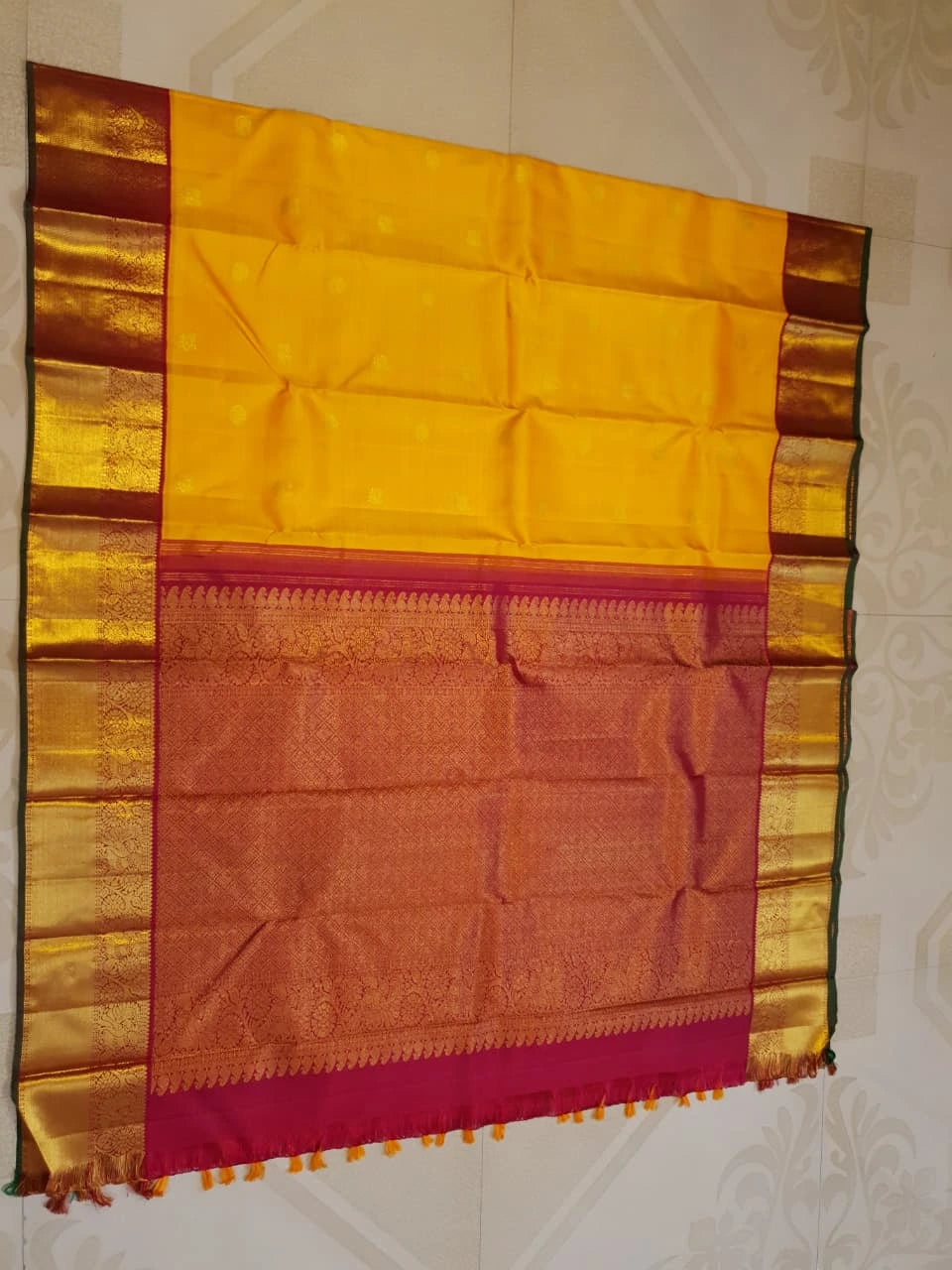 2G  Pure Korvai  Kanjivaram Silk Saree in Bright Yellow with Maroon Peacock Border & Rich Gold Zari | Silkmark Certified