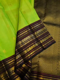 2G Pure Korvai  Kanjivaram Silk Saree in Parrot Green with Black Floral Zari Border | Silkmark Certified