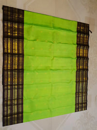 2G Pure Korvai  Kanjivaram Silk Saree in Parrot Green with Black Floral Zari Border | Silkmark Certified
