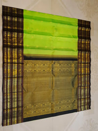 2G Pure Korvai  Kanjivaram Silk Saree in Parrot Green with Black Floral Zari Border | Silkmark Certified