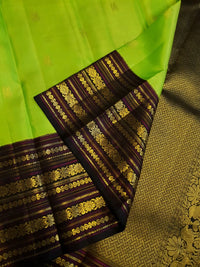 2G Pure Korvai  Kanjivaram Silk Saree in Parrot Green with Black Floral Zari Border | Silkmark Certified
