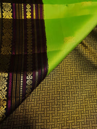 2G Pure Korvai  Kanjivaram Silk Saree in Parrot Green with Black Floral Zari Border | Silkmark Certified