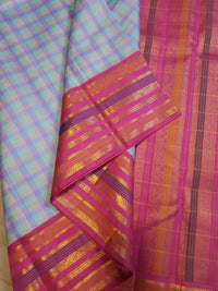 2G Pure Korvai Kanjivaram Silk Saree in Pastel Aqua Blue & Lavender Checks with Rich Magenta Pink Gold Zari Striped Border | Silkmark Certified