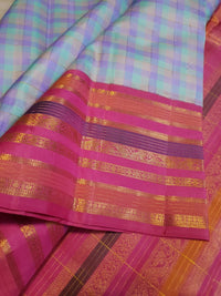 2G Pure Korvai Kanjivaram Silk Saree in Pastel Aqua Blue & Lavender Checks with Rich Magenta Pink Gold Zari Striped Border | Silkmark Certified