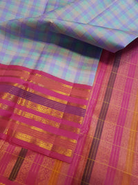 2G Pure Korvai Kanjivaram Silk Saree in Pastel Aqua Blue & Lavender Checks with Rich Magenta Pink Gold Zari Striped Border | Silkmark Certified