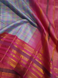 2G Pure Korvai Kanjivaram Silk Saree in Pastel Aqua Blue & Lavender Checks with Rich Magenta Pink Gold Zari Striped Border | Silkmark Certified