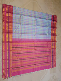 2G Pure Korvai Kanjivaram Silk Saree in Pastel Aqua Blue & Lavender Checks with Rich Magenta Pink Gold Zari Striped Border | Silkmark Certified