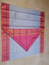 2G Pure Korvai Kanjivaram Silk Saree in Pastel Aqua Blue & Lavender Checks with Rich Magenta Pink Gold Zari Striped Border | Silkmark Certified