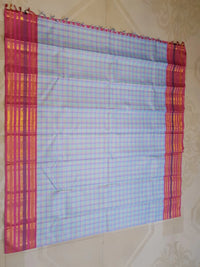 2G Pure Korvai Kanjivaram Silk Saree in Pastel Aqua Blue & Lavender Checks with Rich Magenta Pink Gold Zari Striped Border | Silkmark Certified