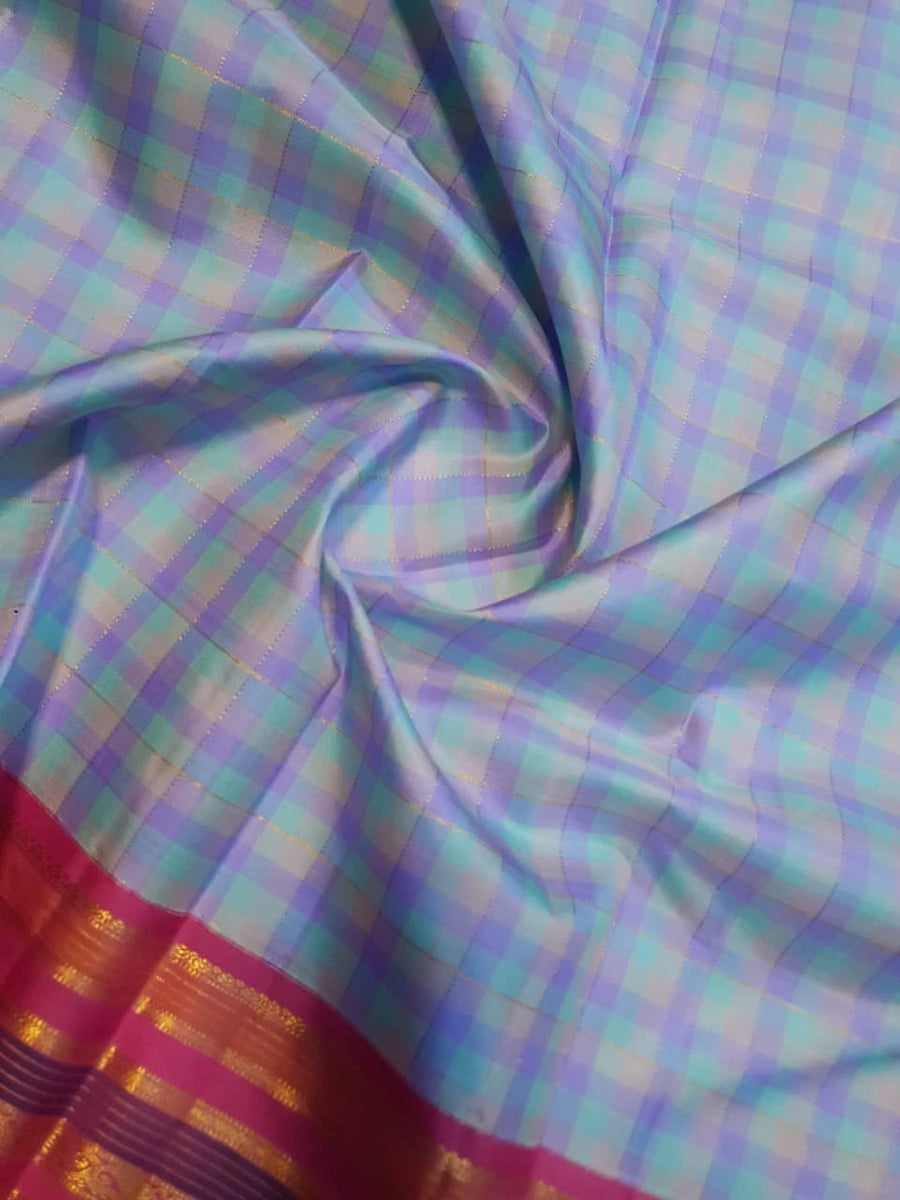 2G Pure Korvai Kanjivaram Silk Saree in Pastel Aqua Blue & Lavender Checks with Rich Magenta Pink Gold Zari Striped Border | Silkmark Certified