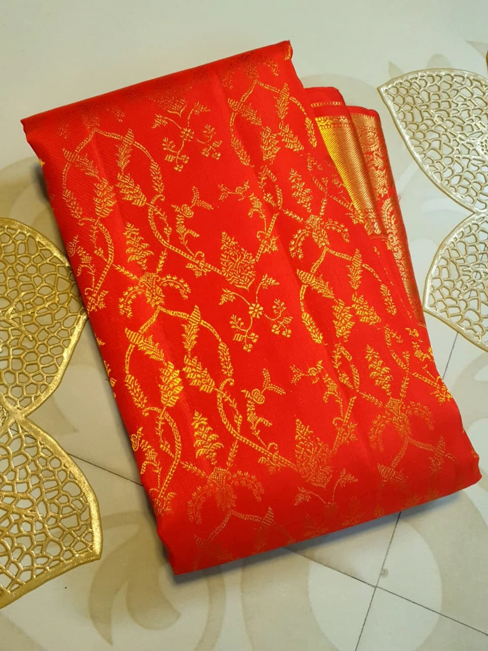 2G Pure Kanjivaram Silk Saree in Chilli Red with All-Over Floral Zari Jaal & Rich Gold Zari Border | Silkmark Certified