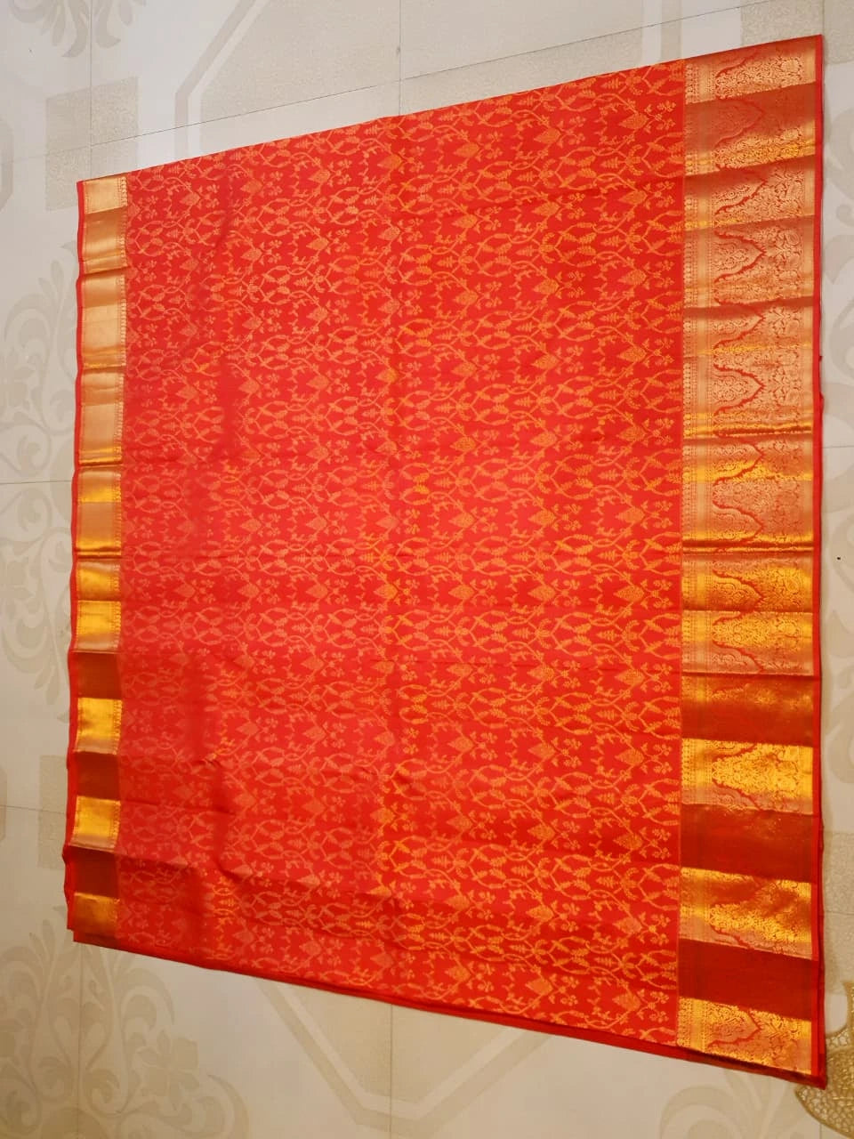 2G Pure Kanjivaram Silk Saree in Chilli Red with All-Over Floral Zari Jaal & Rich Gold Zari Border | Silkmark Certified