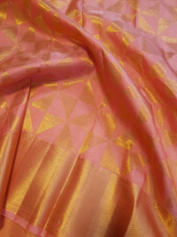 2G Pure Kanjivaram Silk Saree in Peach Pink with Geometric Gold Zari  Border & Rich Gold Zari Pallu | Silkmark Certified