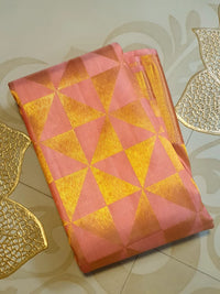 2G Pure Kanjivaram Silk Saree in Peach Pink with Geometric Gold Zari  Border & Rich Gold Zari Pallu | Silkmark Certified