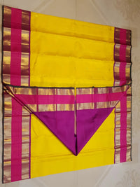 2G Pure Kanjivaram Silk Saree in Bright Yellow with Magenta Broad Zari Border & Grand Zari Pallu | Silkmark Certified