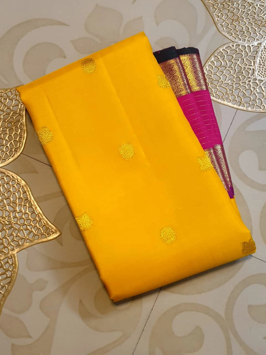 2G Pure Kanjivaram Silk Saree in Bright Yellow with Magenta Broad Zari Border & Grand Zari Pallu | Silkmark Certified