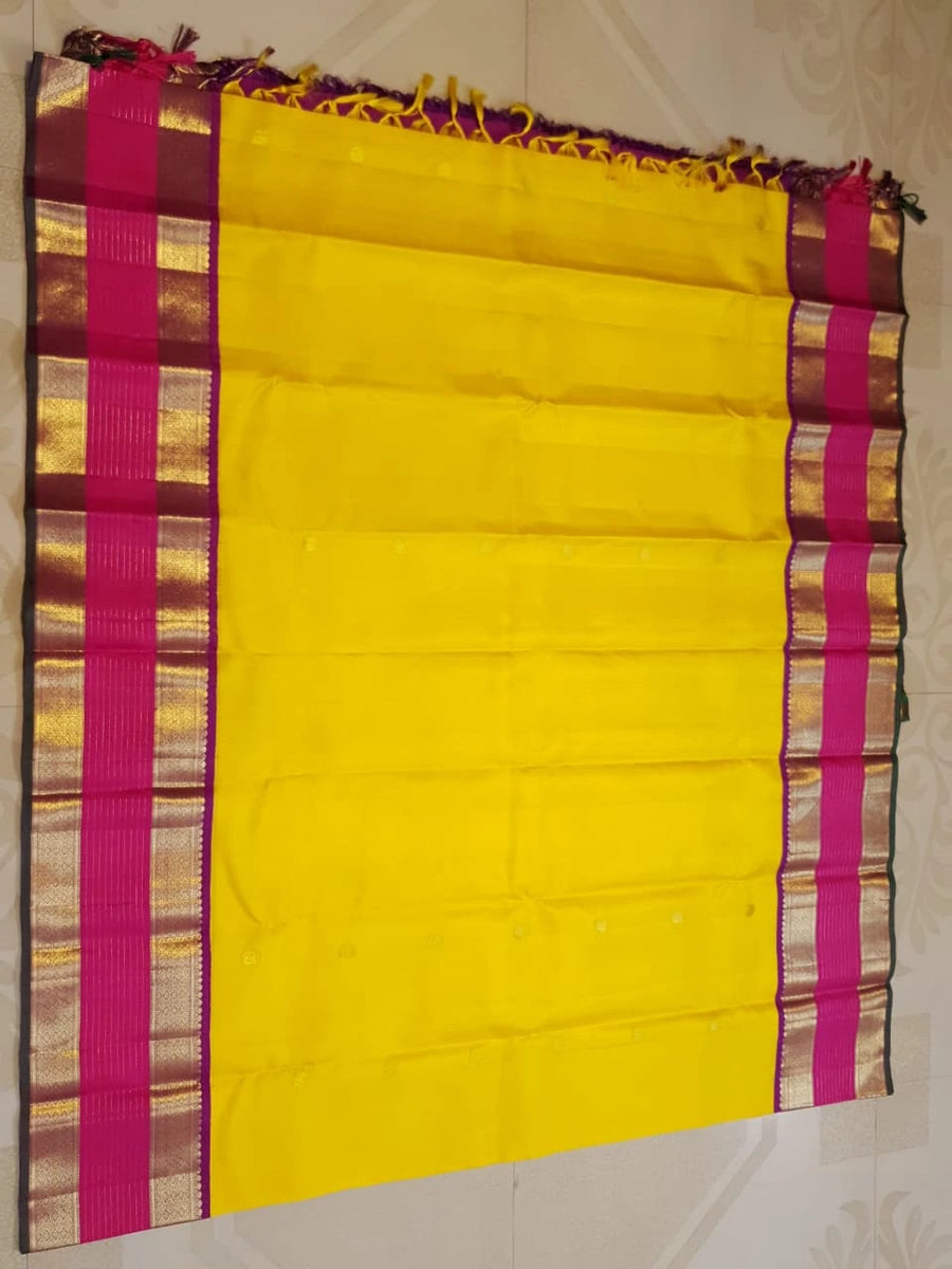 2G Pure Kanjivaram Silk Saree in Bright Yellow with Magenta Broad Zari Border & Grand Zari Pallu | Silkmark Certified