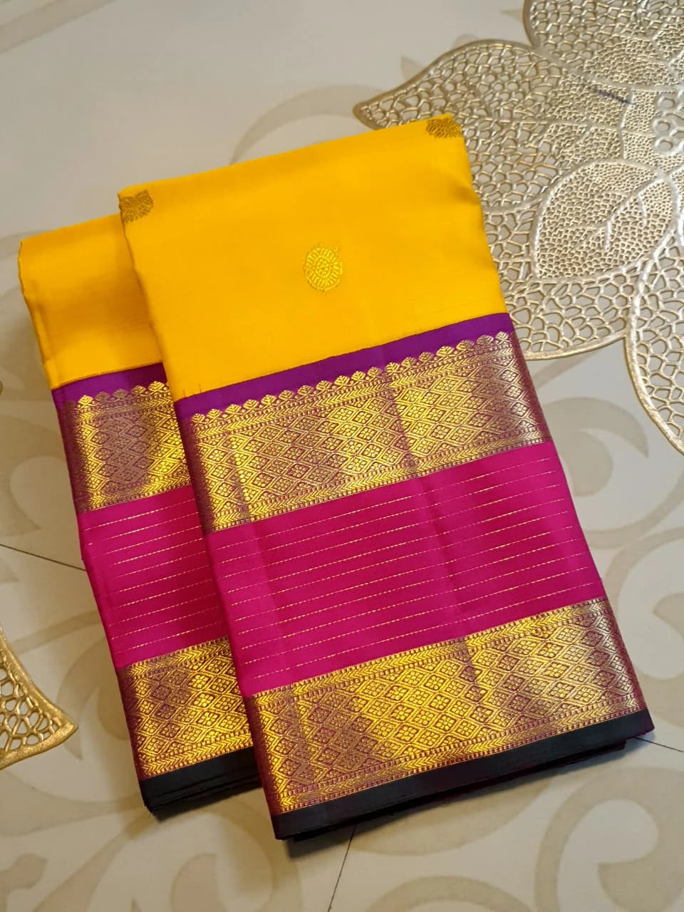 2G Pure Kanjivaram Silk Saree in Bright Yellow with Magenta Broad Zari Border & Grand Zari Pallu | Silkmark Certified