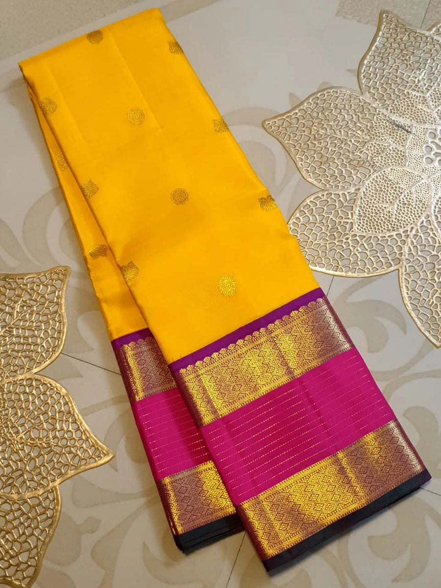 2G Pure Kanjivaram Silk Saree in Bright Yellow with Magenta Broad Zari Border & Grand Zari Pallu | Silkmark Certified