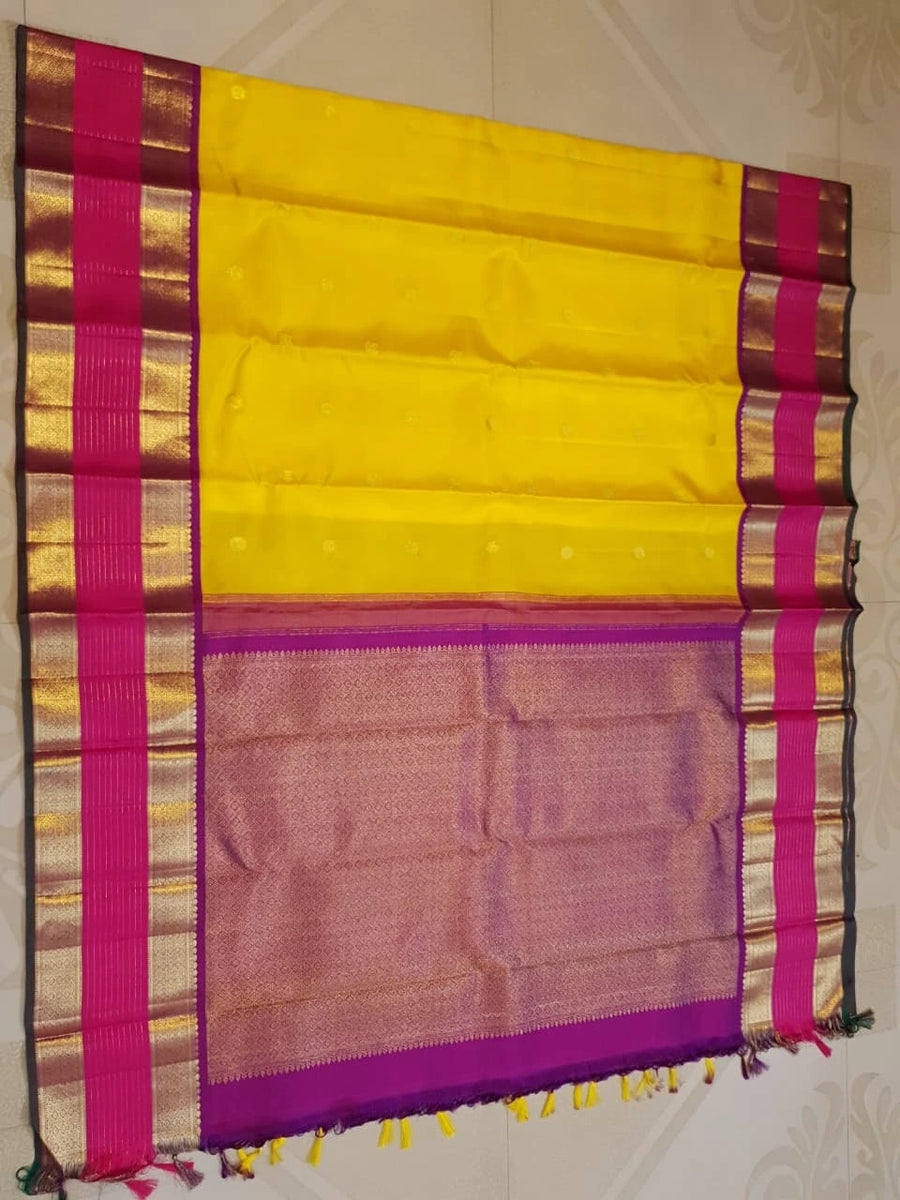 2G Pure Kanjivaram Silk Saree in Bright Yellow with Magenta Broad Zari Border & Grand Zari Pallu | Silkmark Certified