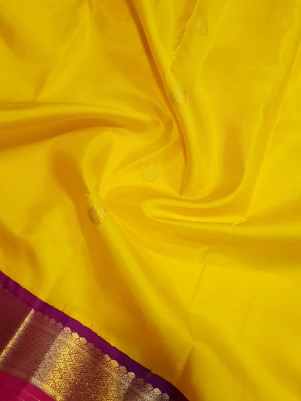 2G Pure Kanjivaram Silk Saree in Bright Yellow with Magenta Broad Zari Border & Grand Zari Pallu | Silkmark Certified